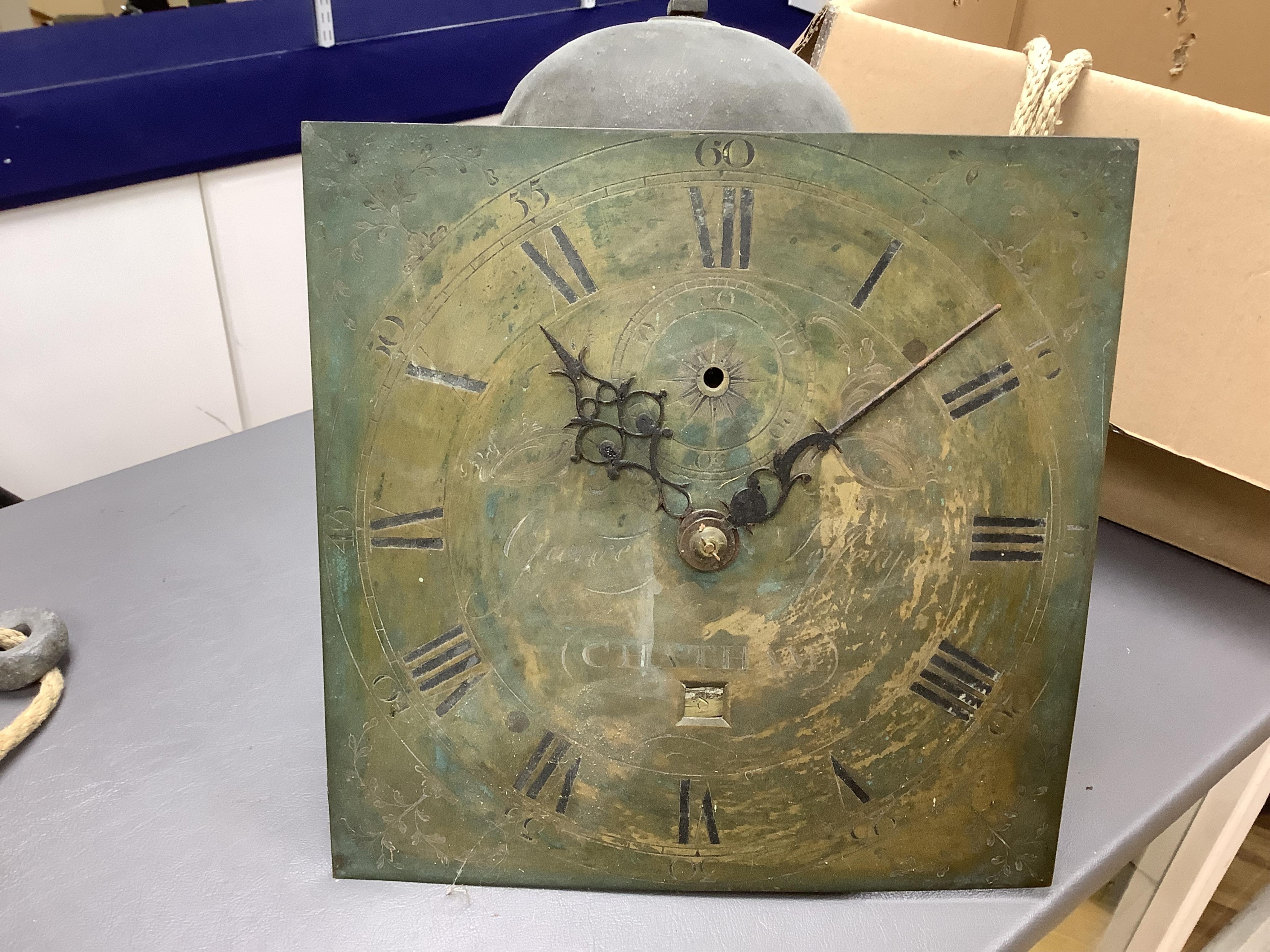 A brass dial wall clock, birdcage movement, 30cm square, unknown if working